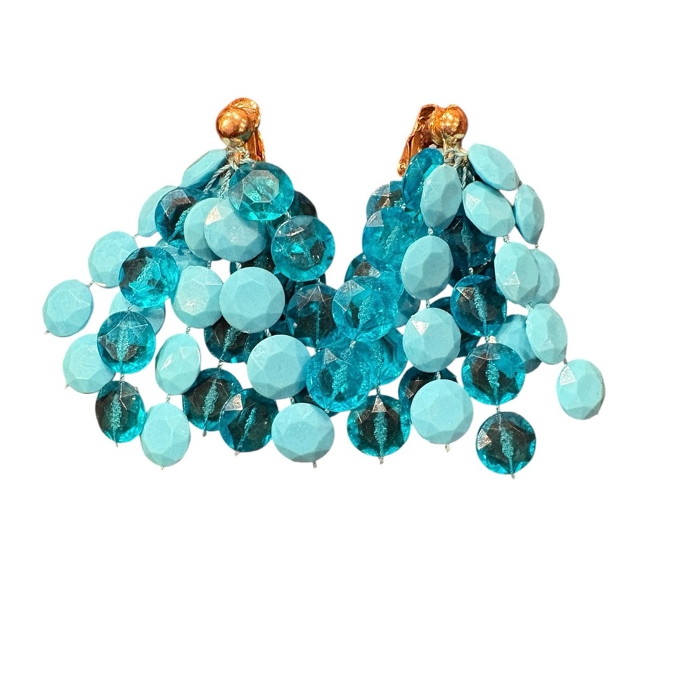 Vintage Plastic 1960's Blue Disk Dangle Clip On Earrings